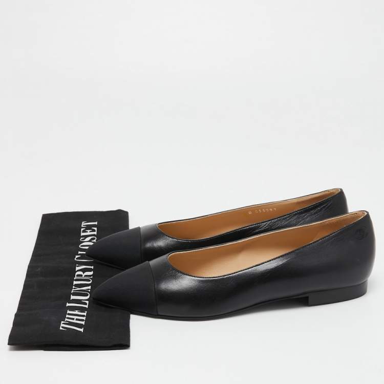 Pre Owned Chanel Black Leather and Canvas Cap Toe Ballet Flats Size 36