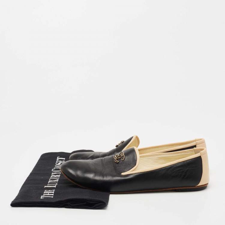 Pre Owned Chanel Black/Beige Leather CC Smoking Slippers Size 36.5