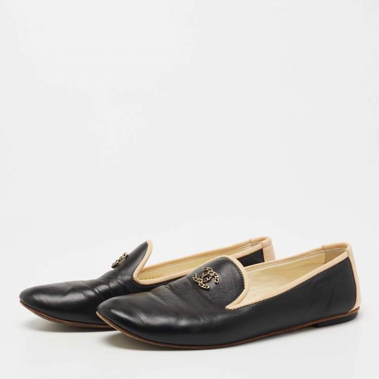 Pre Owned Chanel Black/Beige Leather CC Smoking Slippers Size 36.5