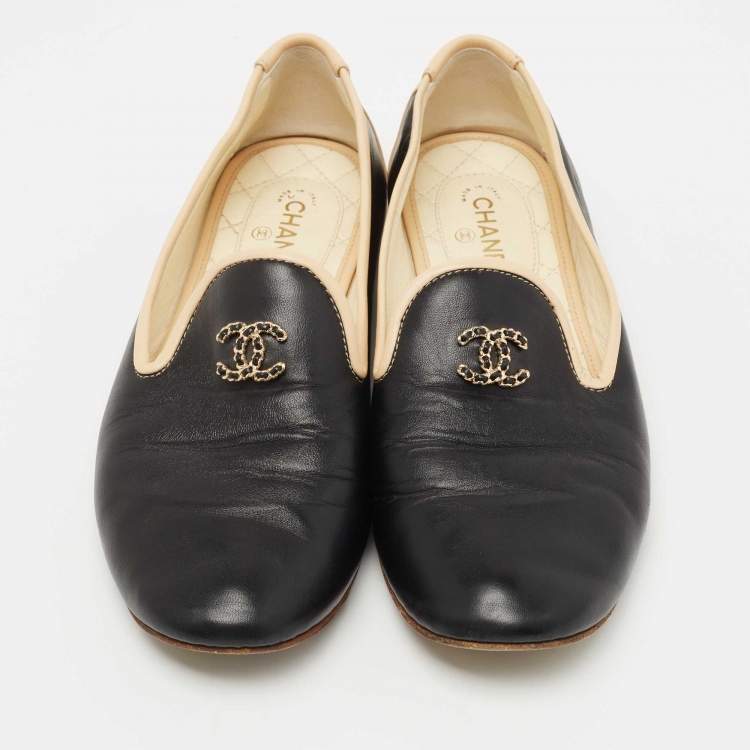 Pre Owned Chanel Black/Beige Leather CC Smoking Slippers Size 36.5