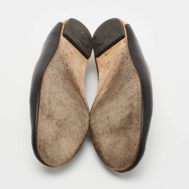 Pre Owned Chanel Black/Beige Leather CC Smoking Slippers Size 36.5