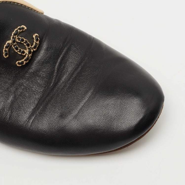 Pre Owned Chanel Black/Beige Leather CC Smoking Slippers Size 36.5
