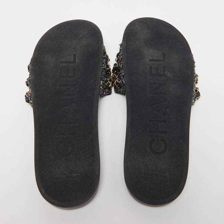 Pre Owned Chanel Multicolor Tweed and Leather Tropiconic Chain Slides Flats Size 39
