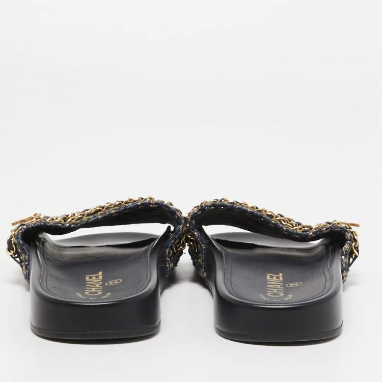 Pre Owned Chanel Multicolor Tweed and Leather Tropiconic Chain Slides Flats Size 39