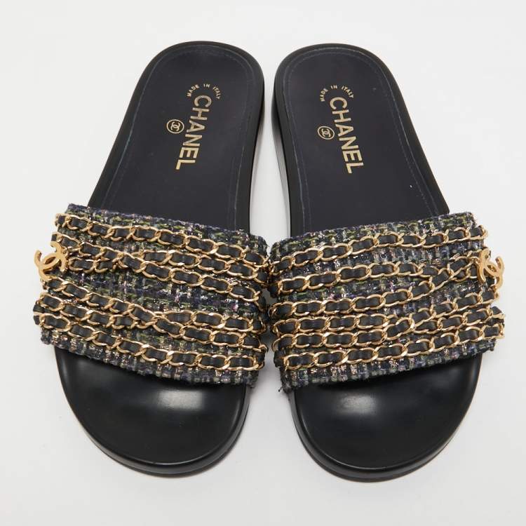 Pre Owned Chanel Multicolor Tweed and Leather Tropiconic Chain Slides Flats Size 39