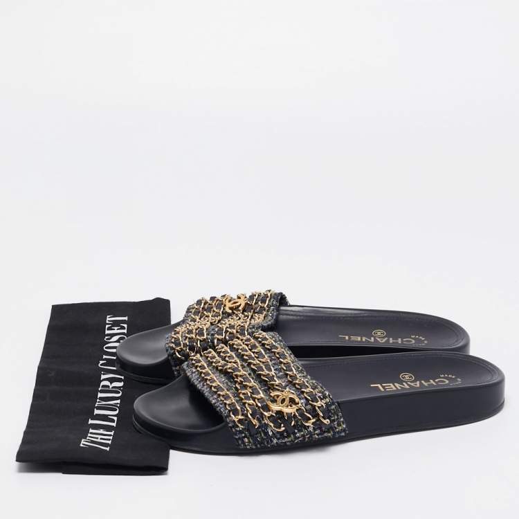 Pre Owned Chanel Multicolor Tweed and Leather Tropiconic Chain Slides Flats Size 39