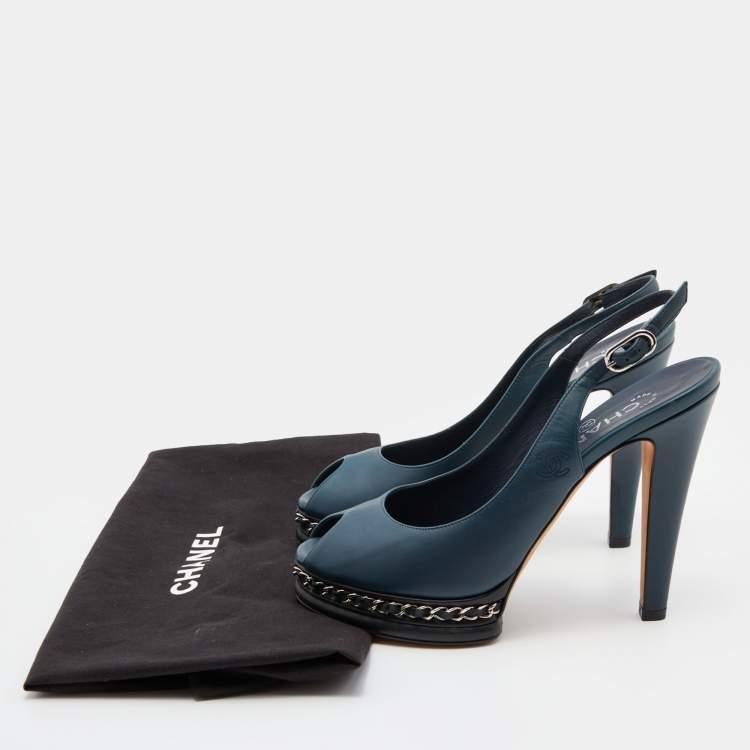 Pre Owned Chanel Dark Blue Leather CC Chain Link Peep Toe Platform Slingback Pumps Size 38.5