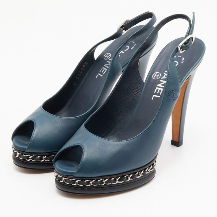 Chanel Dark Blue Leather CC Chain Link Peep Toe Platform