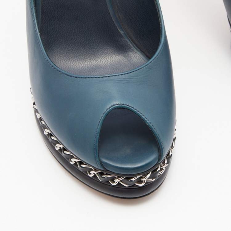 Pre Owned Chanel Dark Blue Leather CC Chain Link Peep Toe Platform Slingback Pumps Size 38.5
