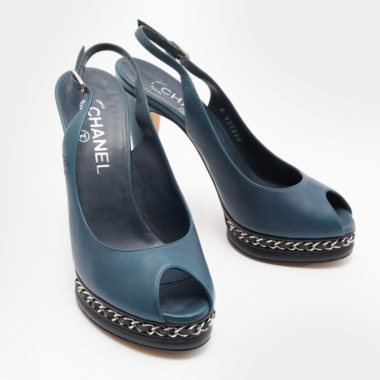 Pre Owned Chanel Dark Blue Leather CC Chain Link Peep Toe Platform Slingback Pumps Size 38.5