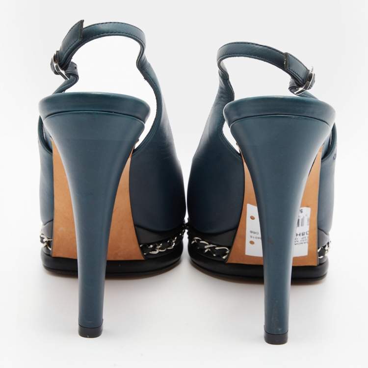 Pre Owned Chanel Dark Blue Leather CC Chain Link Peep Toe Platform Slingback Pumps Size 38.5