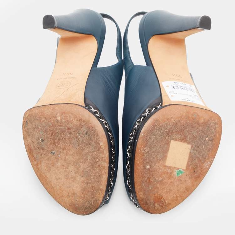 Pre Owned Chanel Dark Blue Leather CC Chain Link Peep Toe Platform Slingback Pumps Size 38.5