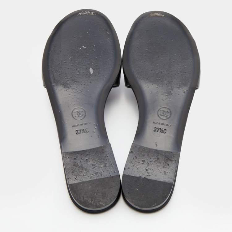 Pre Owned Chanel Black Leather CC Camellia Slide Flat Slides Size 37.5