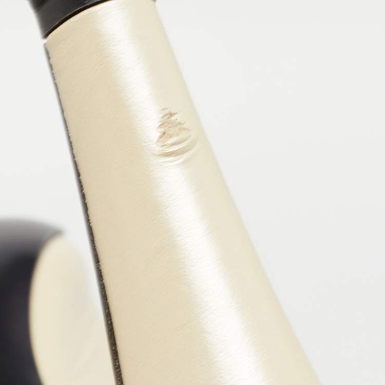 Pre Owned Chanel Cream/Black Canvas and Leather Pointed Cap Toe Ankle Strap Pumps Size 38.5