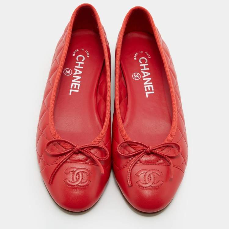 Pre Owned Chanel Red Quilted Leather CC Bow Cap Toe Ballet Flats Size 37