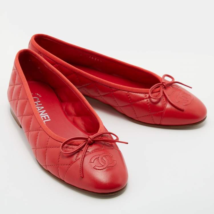 Pre Owned Chanel Red Quilted Leather CC Bow Cap Toe Ballet Flats Size 37