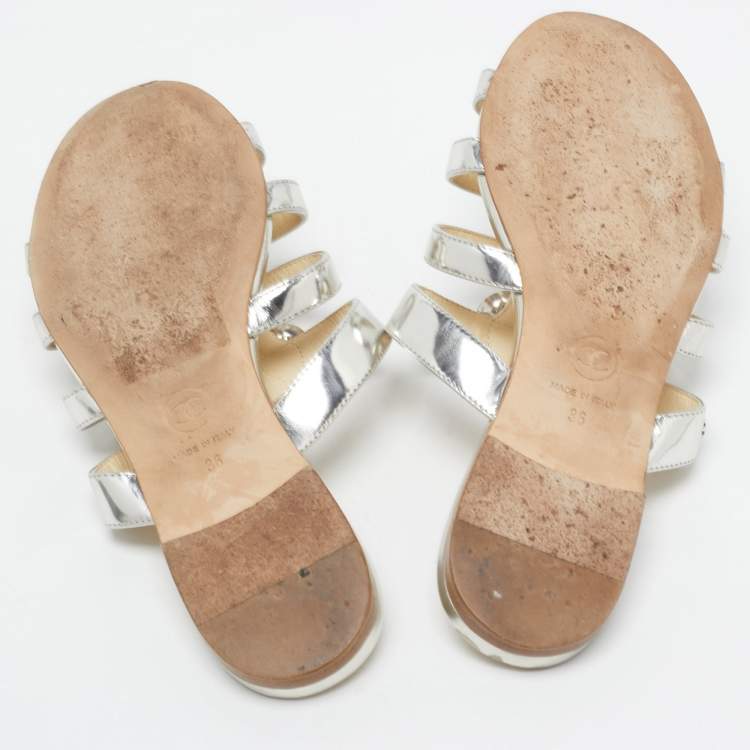 Pre Owned Chanel Silver Leather Faux Pearl Camellia Strappy Flat Slides Size 36