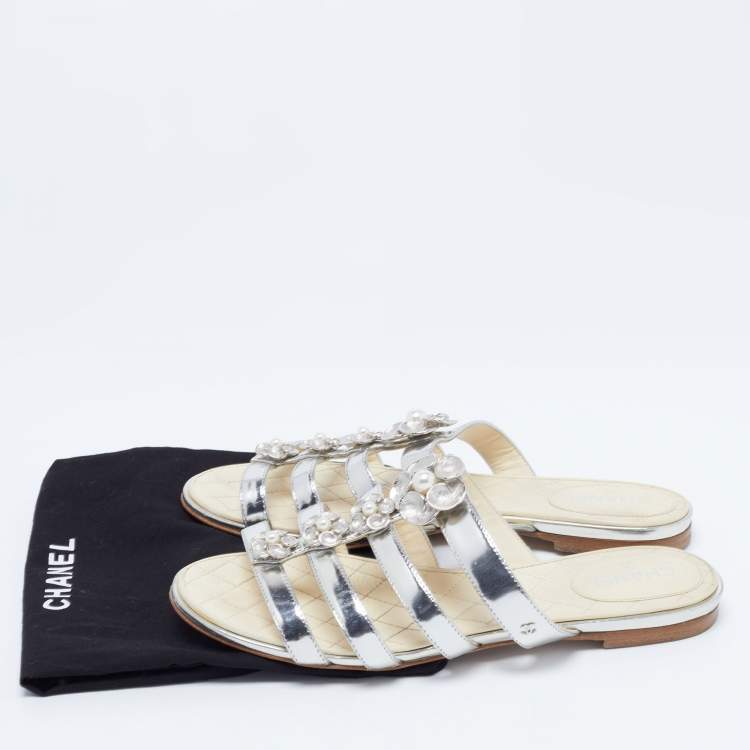Pre Owned Chanel Silver Leather Faux Pearl Camellia Strappy Flat Slides Size 36