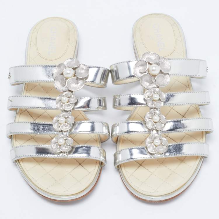 Pre Owned Chanel Silver Leather Faux Pearl Camellia Strappy Flat Slides Size 36