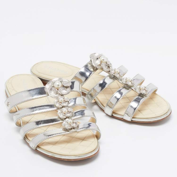 Pre Owned Chanel Silver Leather Faux Pearl Camellia Strappy Flat Slides Size 36
