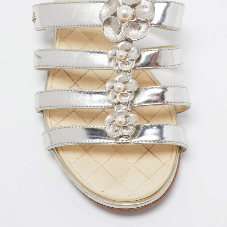 Pre Owned Chanel Silver Leather Faux Pearl Camellia Strappy Flat Slides Size 36