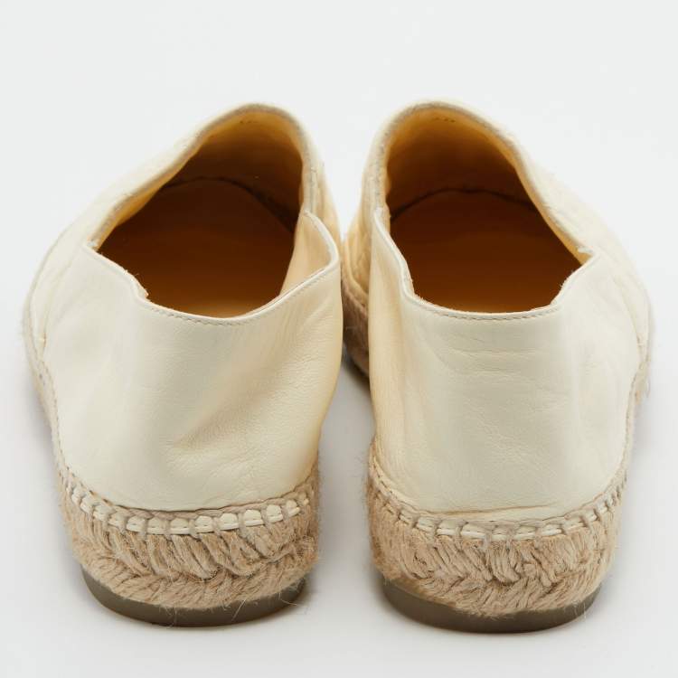 Pre Owned Chanel Cream Quilted Leather Interlocking CC Logo Espadrille Flats Size 39