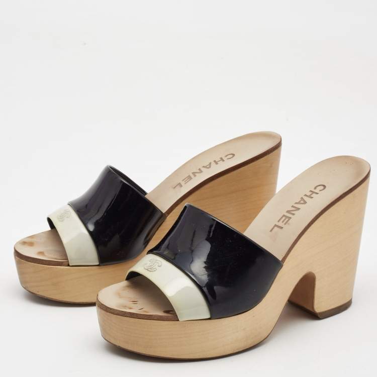 Chanel Cream/Blue Patent Leather CC Wooden Platform Clogs Sandals Size 37  Chanel | TLC