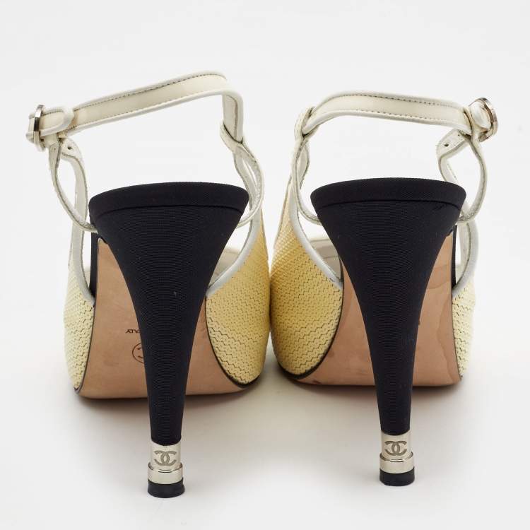 Pre Owned Chanel Tricolor Patent Leather and Canvas Cap Toe Slingback Pumps Size 40
