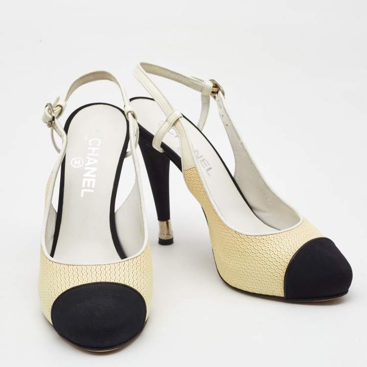 Pre Owned Chanel Tricolor Patent Leather and Canvas Cap Toe Slingback Pumps Size 40