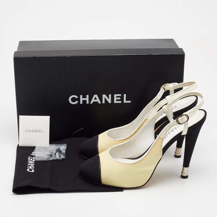 Pre Owned Chanel Tricolor Patent Leather and Canvas Cap Toe Slingback Pumps Size 40