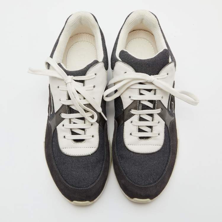 Pre Owned Chanel Black/White Denim, Suede and Leather CC Low-Top Sneakers Size 38.5