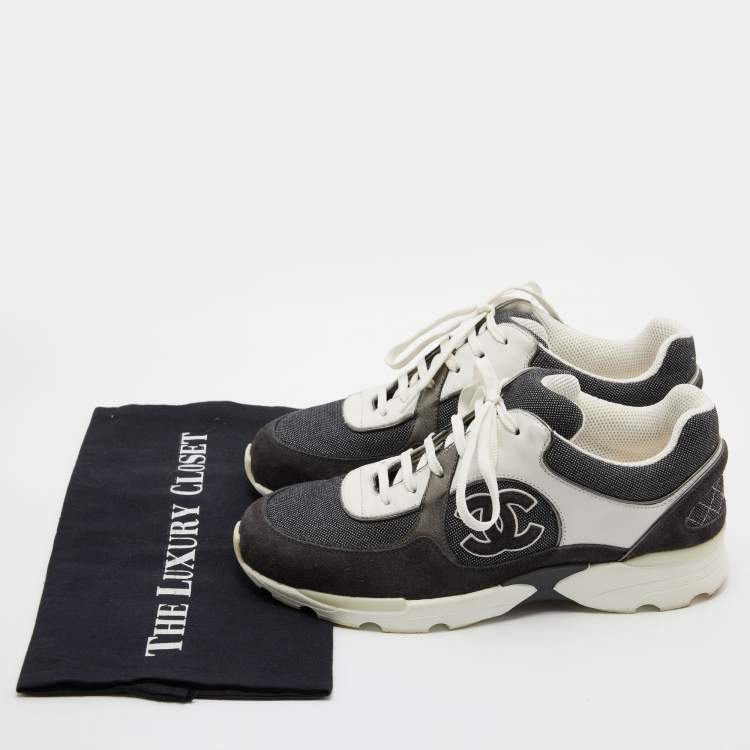 Pre Owned Chanel Black/White Denim, Suede and Leather CC Low-Top Sneakers Size 38.5