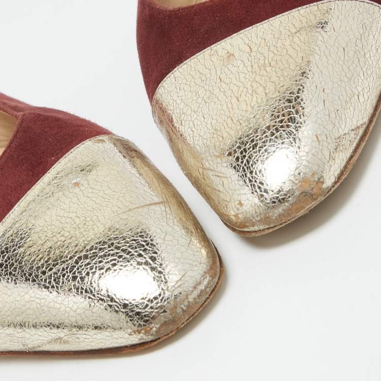Pre Owned Chanel Burgundy/Gold Suede and Leather Cap Toe Slingback Flats Size 41.5