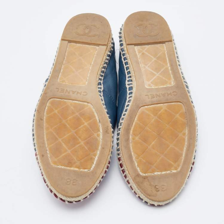 Pre Owned Chanel Blue/Red CC Cap Toe Espadrille Flats Size 38