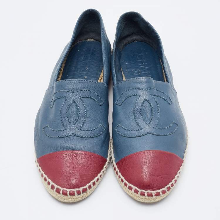 Pre Owned Chanel Blue/Red CC Cap Toe Espadrille Flats Size 38