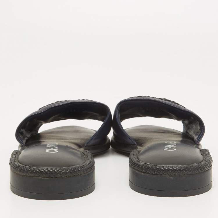 Pre Owned Chanel Navy Blue Leather Woven CC Flat Slides Size 38.5