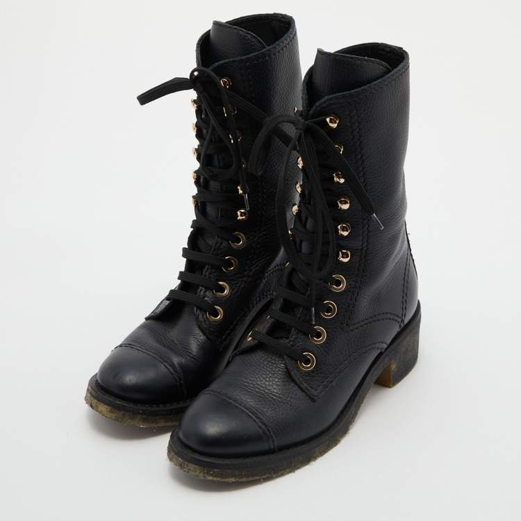 Chanel Black Leather Lace Up Boots Size 35.5 Chanel