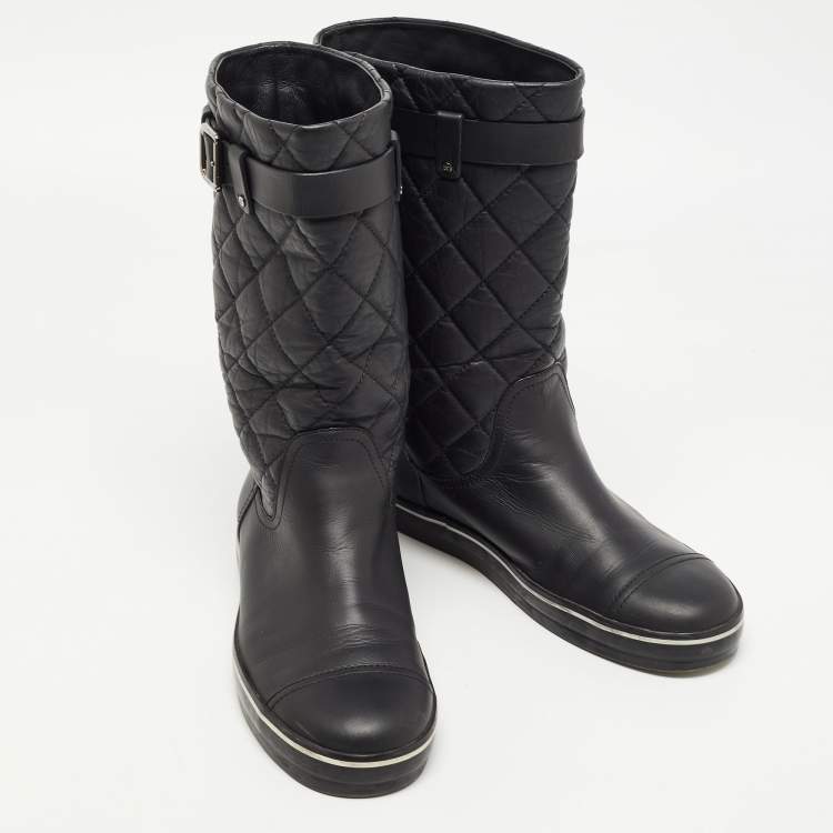 Pre Owned Chanel Black Quilted Leather Mid Calf Length Boots Size 37 