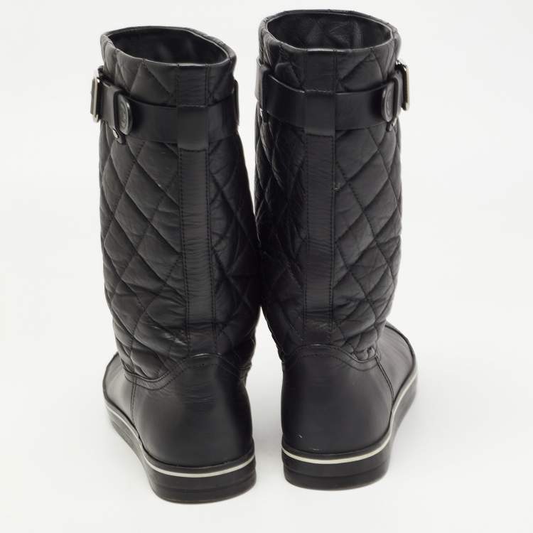 Pre Owned Chanel Black Quilted Leather Mid Calf Length Boots Size 37 