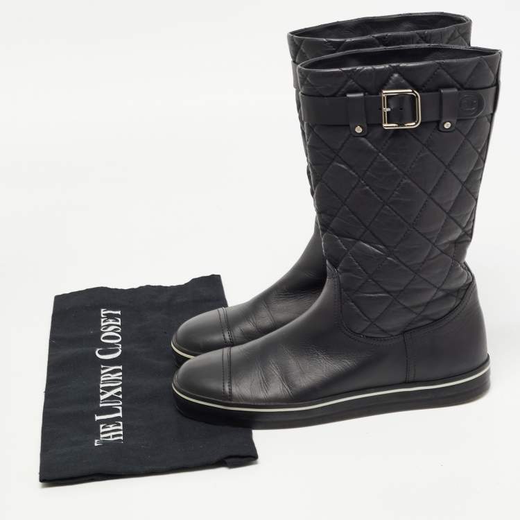 Pre Owned Chanel Black Quilted Leather Mid Calf Length Boots Size 37 