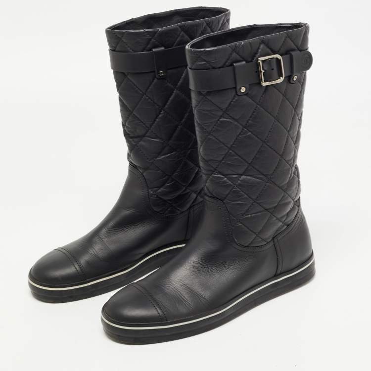 Chanel Black Quilted Leather Mid Calf Length Boots Size 37 Chanel