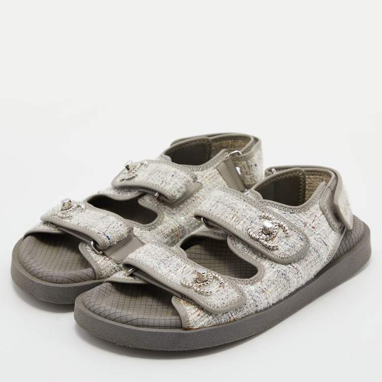 Chanel Grey Tweed and Leather CC Dad Flat Sandals Size 37 Chanel