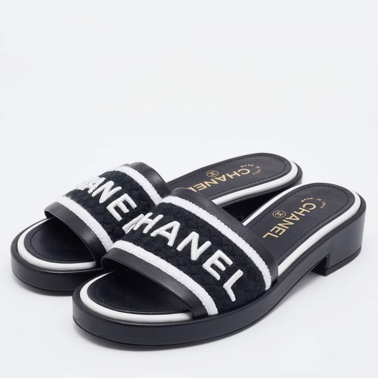 Chanel Black Leather CC Flat Slides Size 36.5 Chanel
