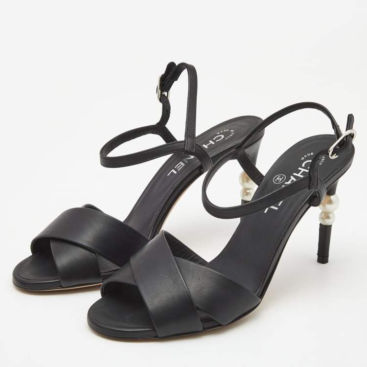 Chanel Black Leather Pearl Heel Ankle Strap Sandals Size Chanel Black Leather Pearl Heel Ankle Strap Sandals Size
