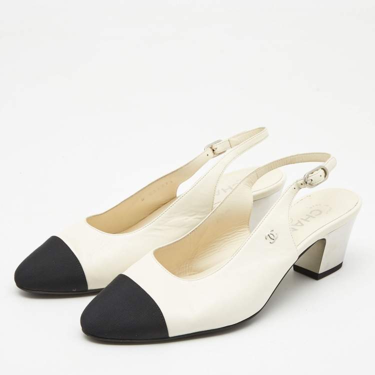Chanel Vintage cream & black leather slingback heeled pumps White