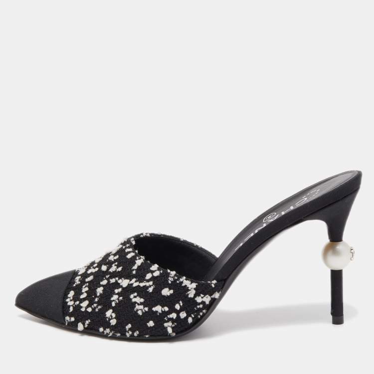Chanel Black/White Tweed and Canvas CC Faux Pearl Heel Mules Size 37.5  Chanel | The Luxury Closet