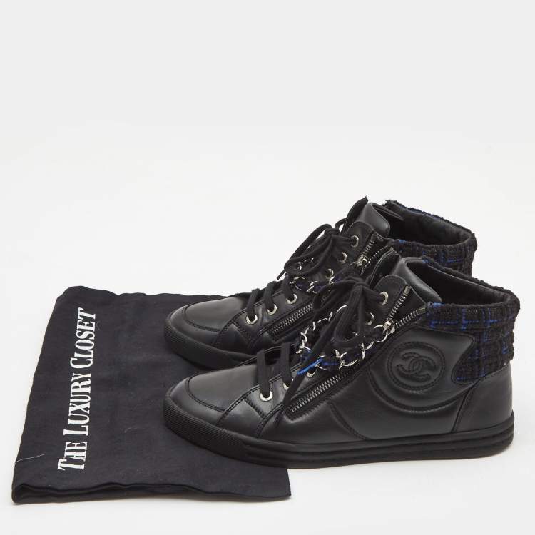 Pre Owned Chanel Black Leather CC Double Zip Accent High Top Sneakers Size 38 