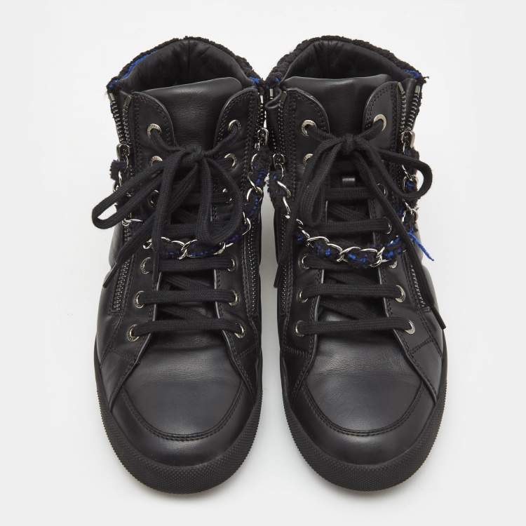 Pre Owned Chanel Black Leather CC Double Zip Accent High Top Sneakers Size 38 