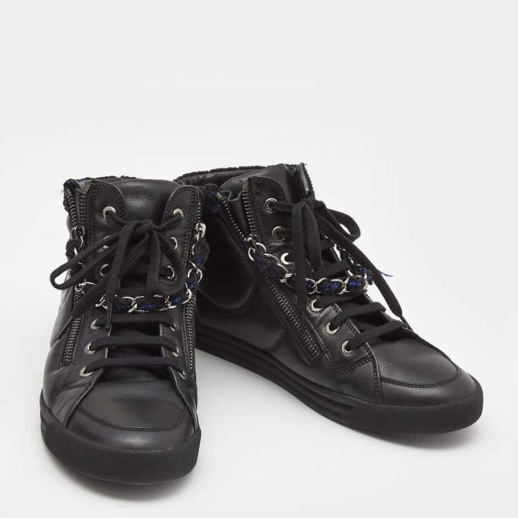 Pre Owned Chanel Black Leather CC Double Zip Accent High Top Sneakers Size 38 