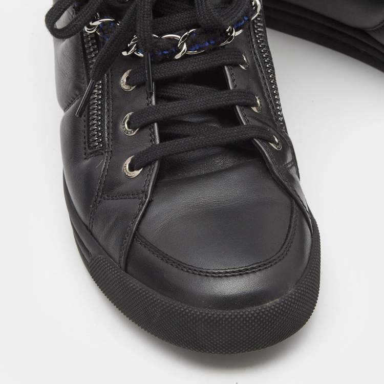 Pre Owned Chanel Black Leather CC Double Zip Accent High Top Sneakers Size 38 